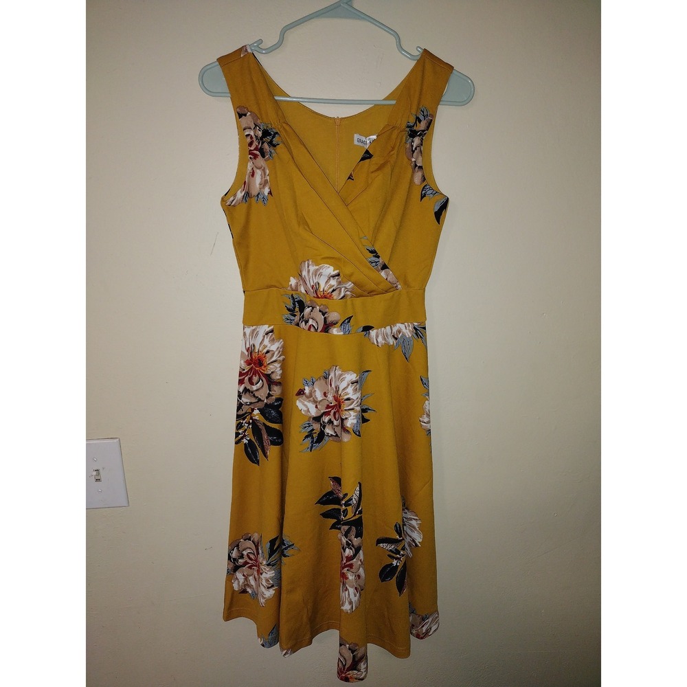 Grace Karin Mustard Yellow‎ Floral V-Neck Fit and Flare Dress Sleeveless Small